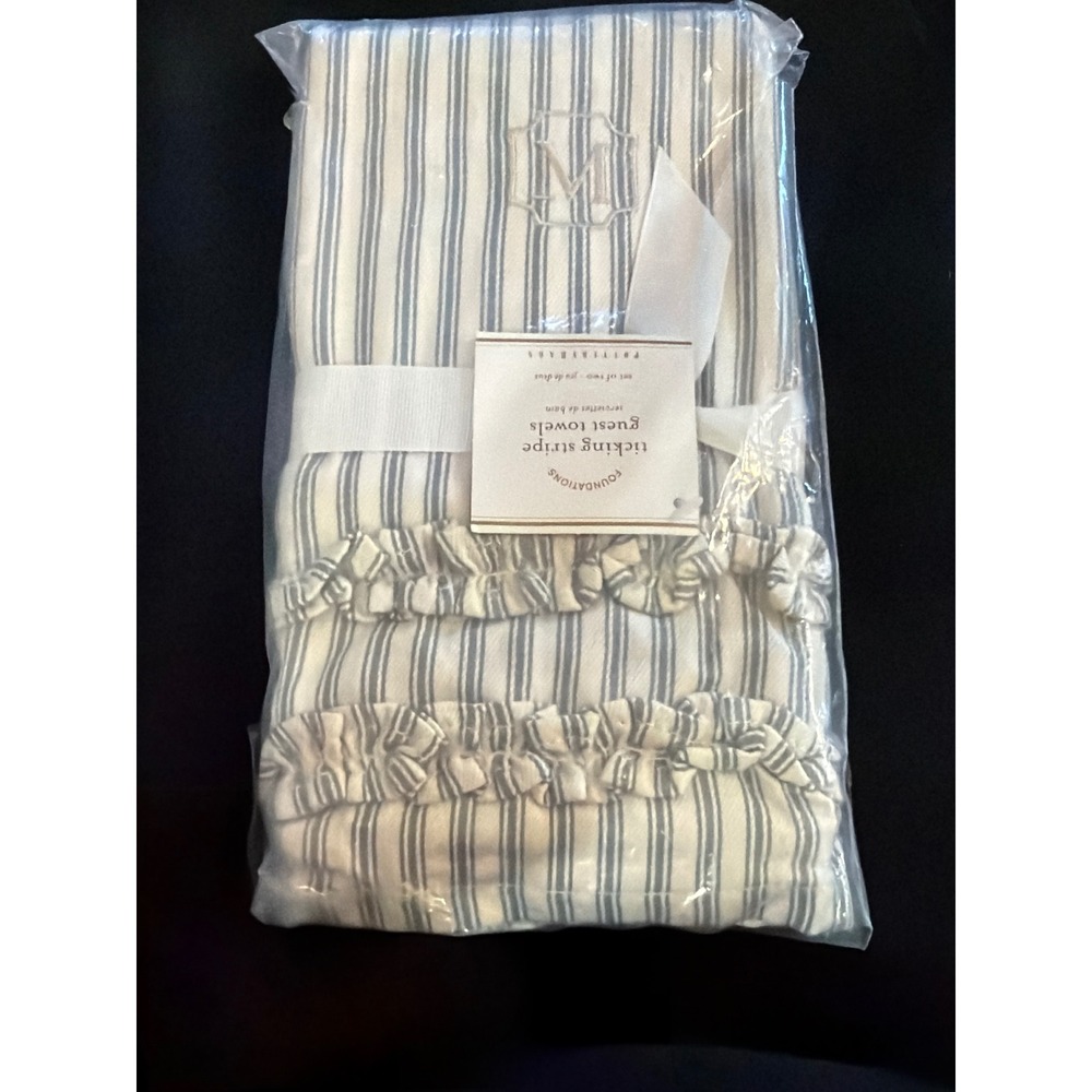 Pottery Barn Foundations Ticking Blue Stripe Ruffle Towels Set of 2 Monogram M